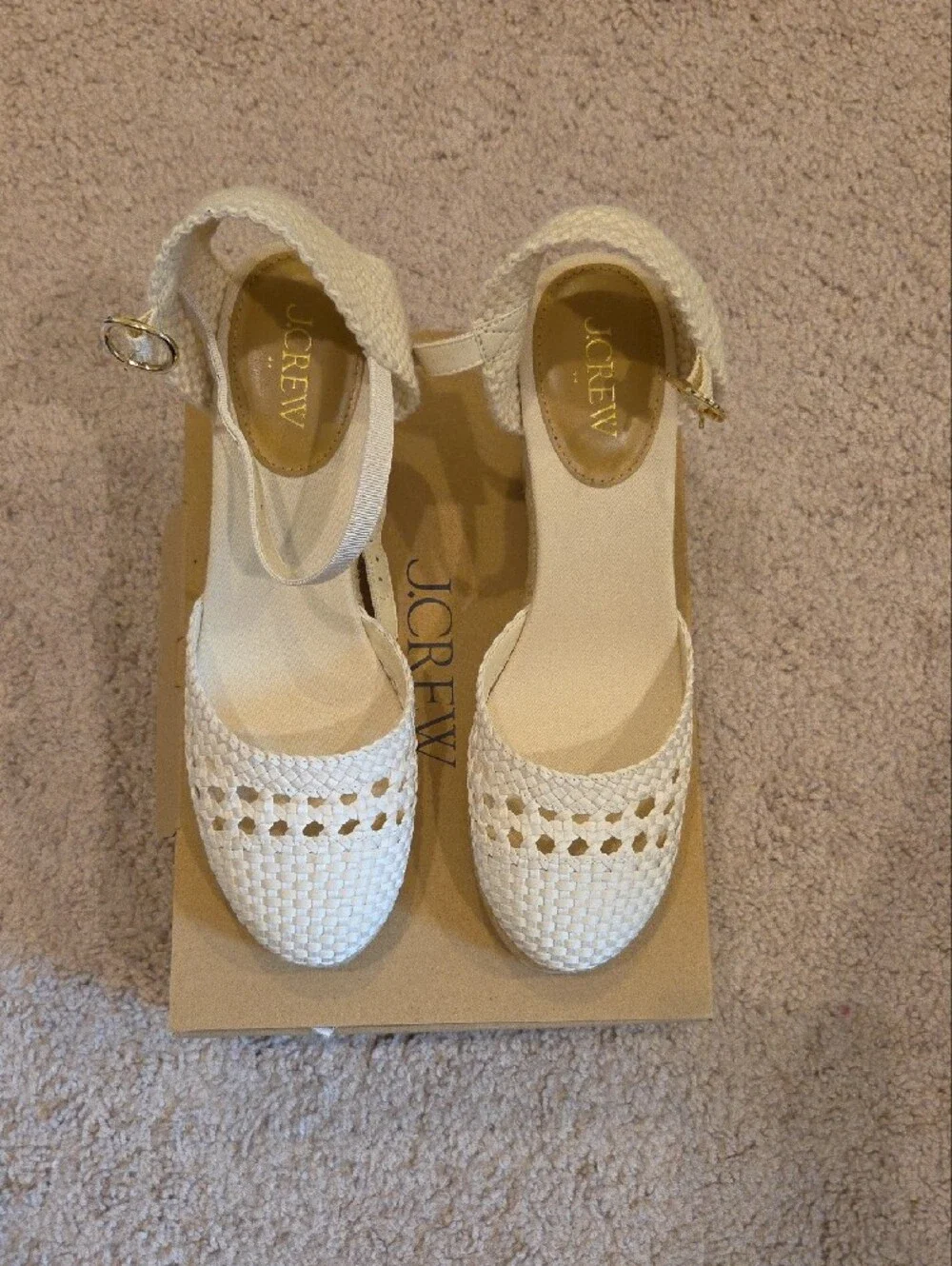J. Crew Cream Woven Espadrille Wedge Sandals with Ankle Strap and Gold Buckle